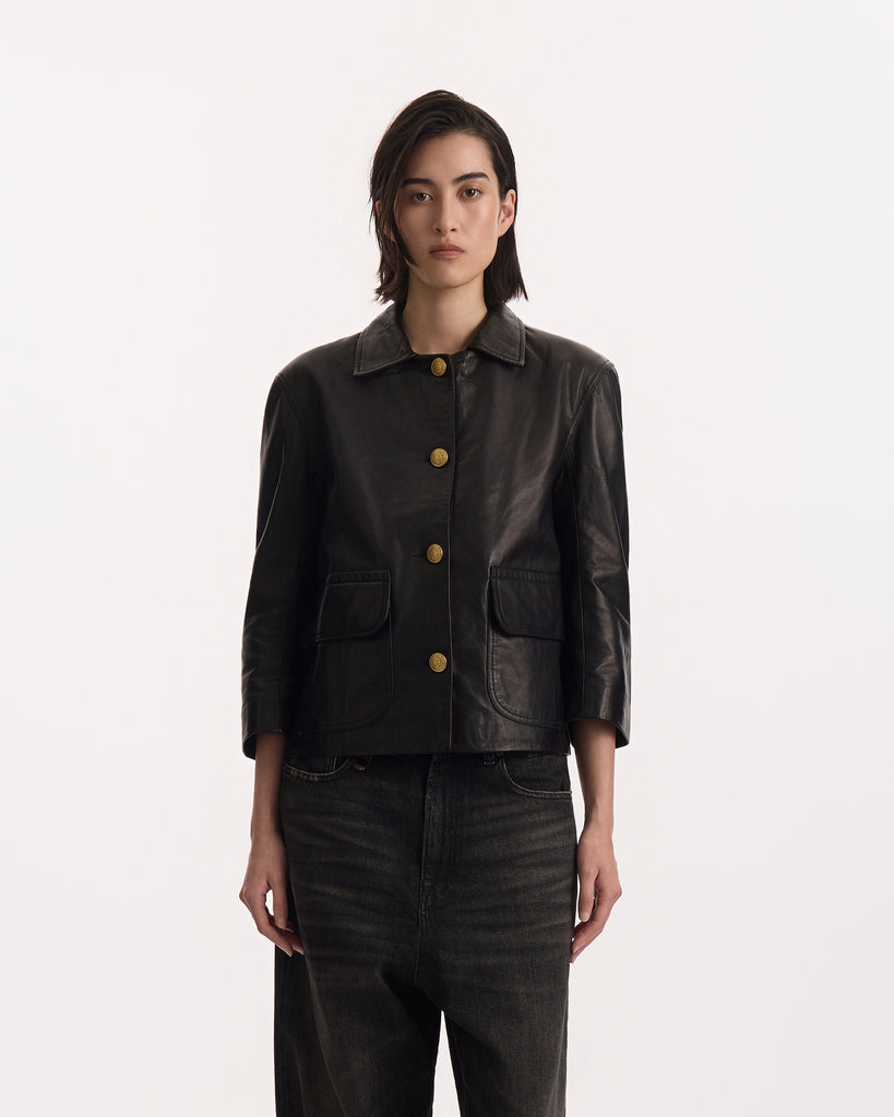 R13 Button Front Leather Jacket in black