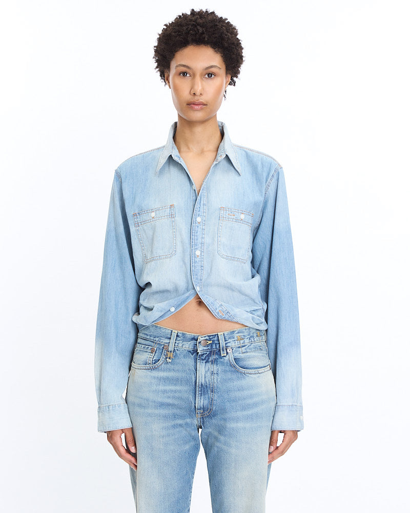 R13 Wrap Denim Work Shirt in river blue