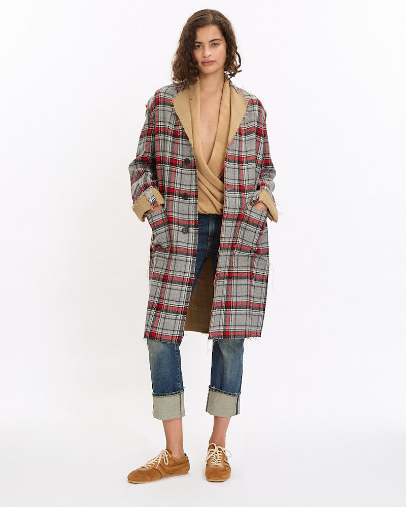 R13 Reversible Raw Cut Coat in red/grey plaid