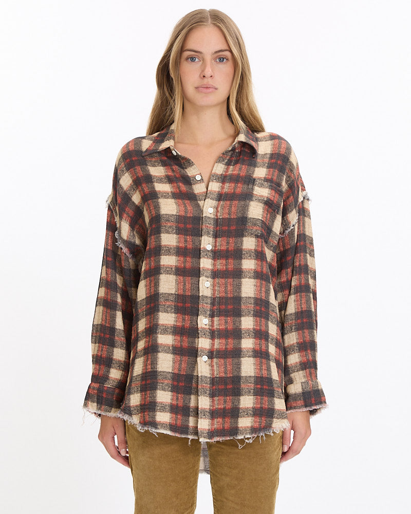 R13 Shredded Seam Drop Neck Shirt in maroon plaid