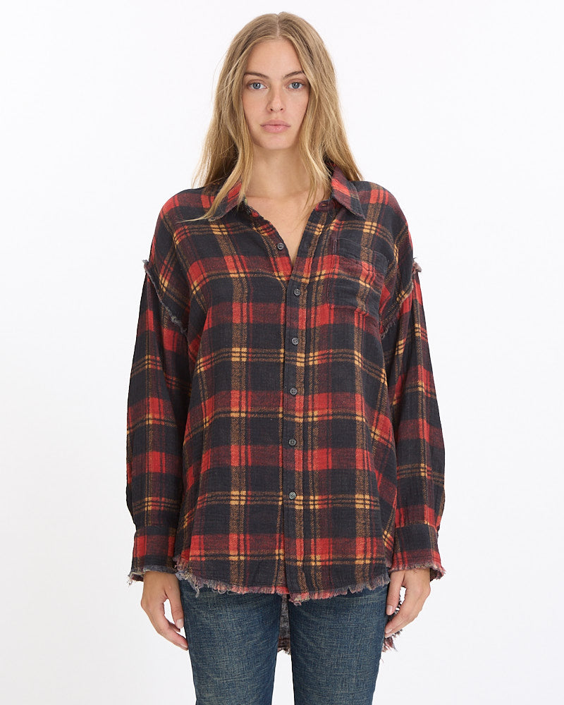 R13 Reversible Drop Neck Shirt in red plaid/leaf camo