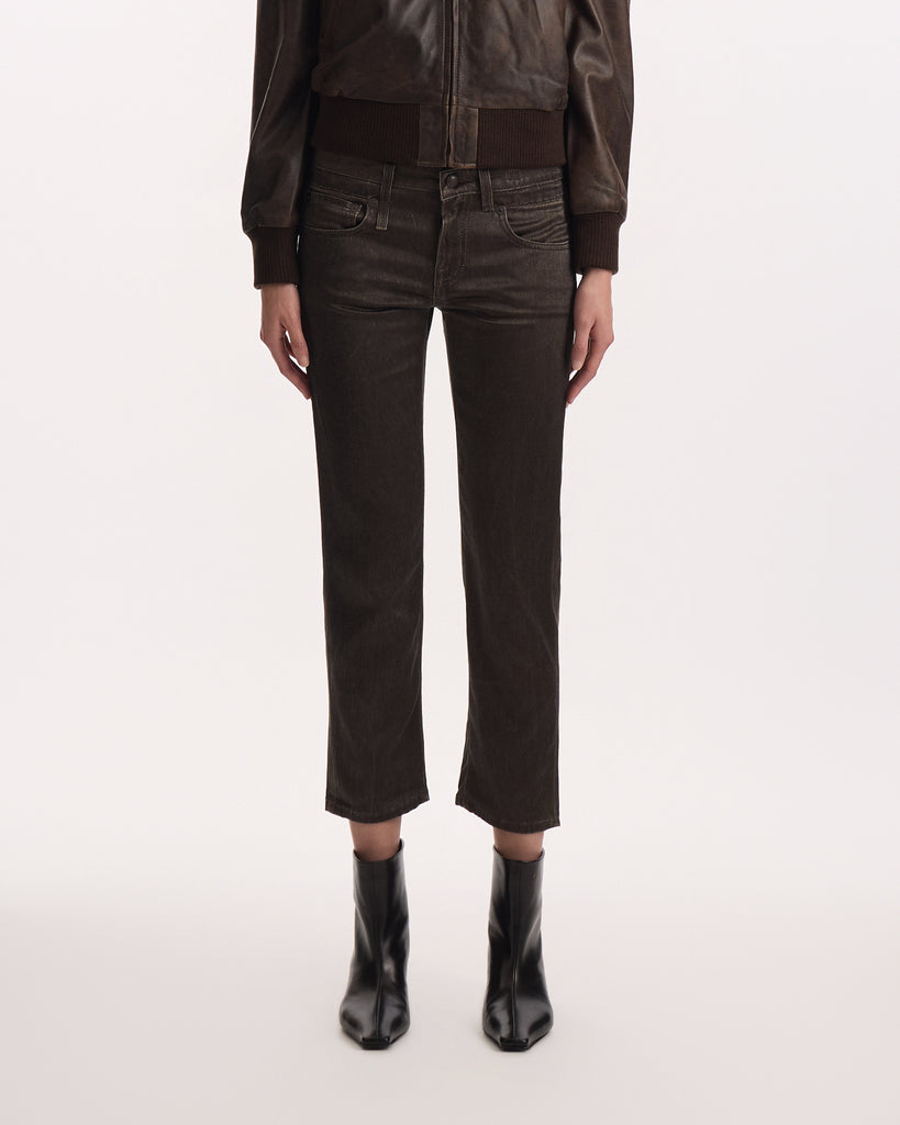 R13 Boy Straight in brown stretch sateen