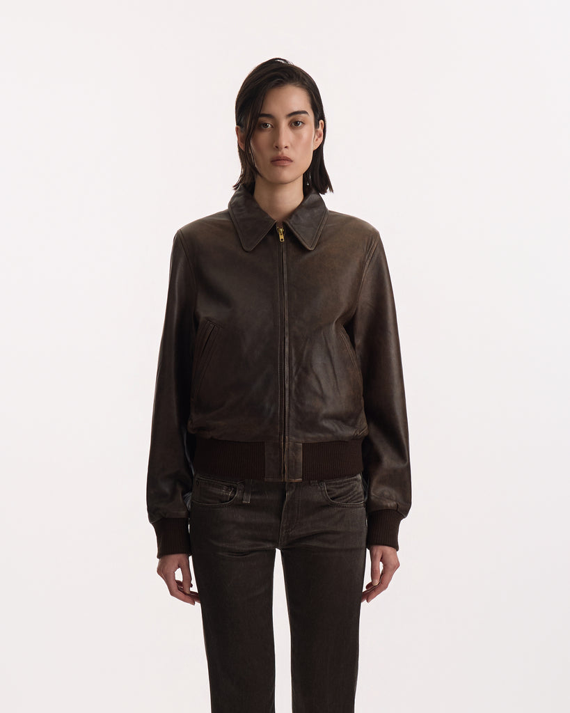 R13 Boyfriend Leather Bomber in brown