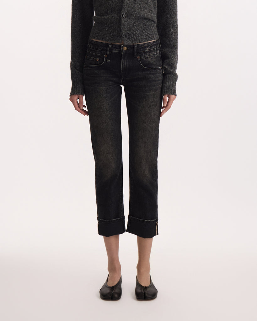 R13 Cuffed Boy Straight in black atlas selvedge